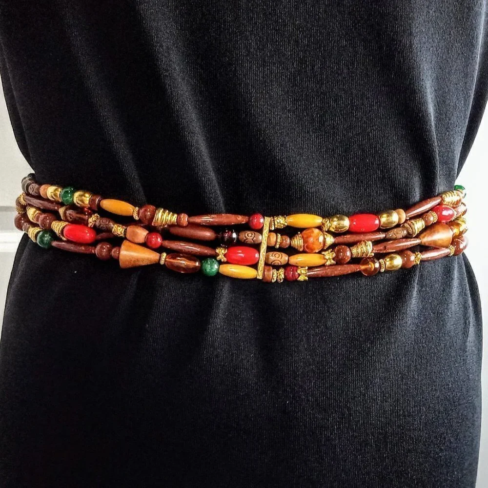 Italian Leather Multi-Strand Wood Stone Bead Belt